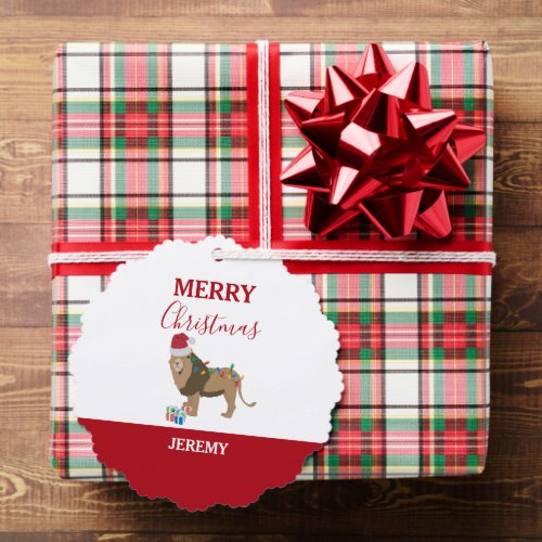 Christmas Lion Funny Animal with Santa Hat  Ornament Card