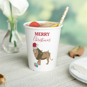 Christmas Lion Funny Animal with Santa Hat Paper Cups