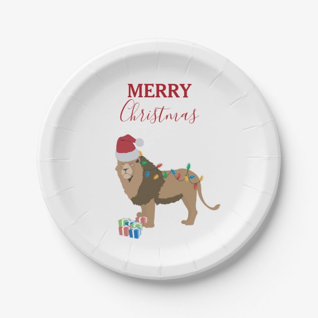 Christmas Lion Funny Animal with Santa Hat  Paper Plates (Front)