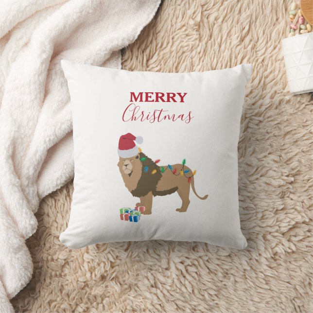 Christmas Lion Funny Animal with Santa Hat  Throw Pillow (Blanket)