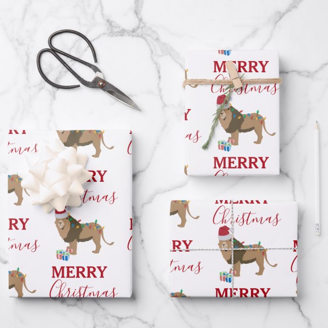 Christmas Lion Funny Animal with Santa Hat  Wrapping Paper Sheets (Front)