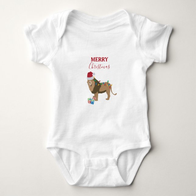 Christmas Lion Funny Animals with Santa Hat  Baby Bodysuit (Front)