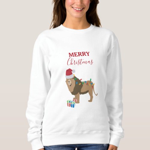 Christmas Lion Funny Animals with Santa Hat  Sweatshirt