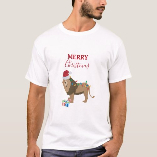 Christmas Lion Funny Animals with Santa Hat  T_Shirt