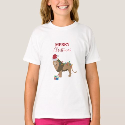 Christmas Lion Funny Animals with Santa Hat  T_Shirt