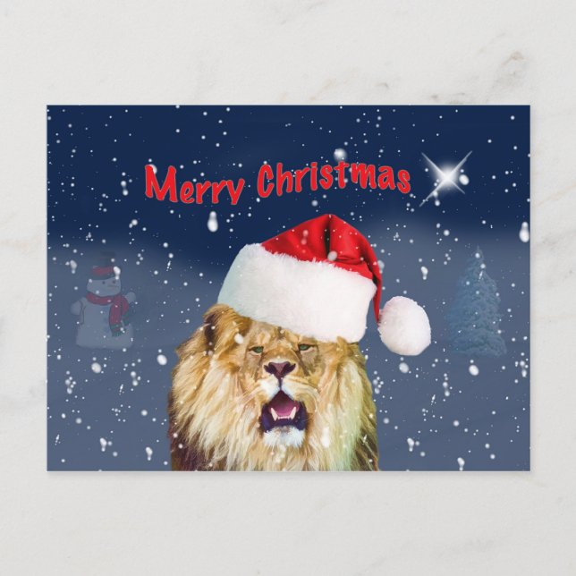 Christmas, Lion in Santa Hat, Star, Snow Postcard (Front)