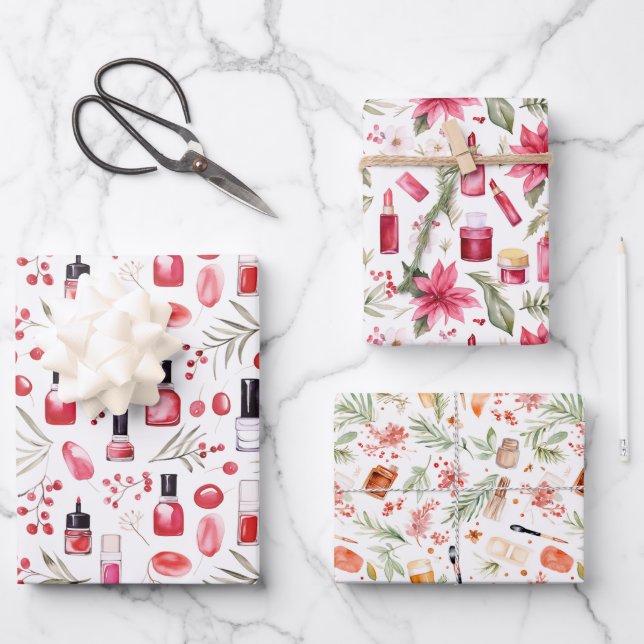Christmas lipstick nail polish beauty items wrapping paper sheets (Front)
