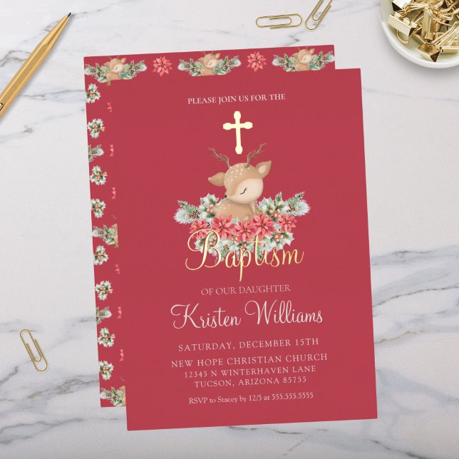 Christmas Little Deer Baptism Christening Cross Foil Invitation (Elegant Gold Foil Christmas Baptism Christening Little Deer Poinsettia Gold Cross Winter Invitation)