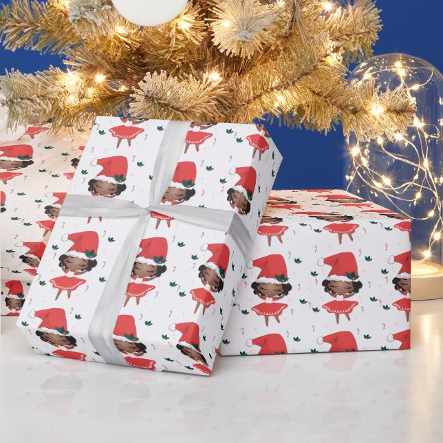 Christmas Little Girl Ballerina, Santa Hat Wrapping Paper (Holidays)