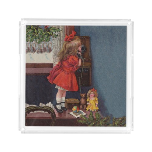 Christmas Little Girl Telephone Antique Acrylic Tray