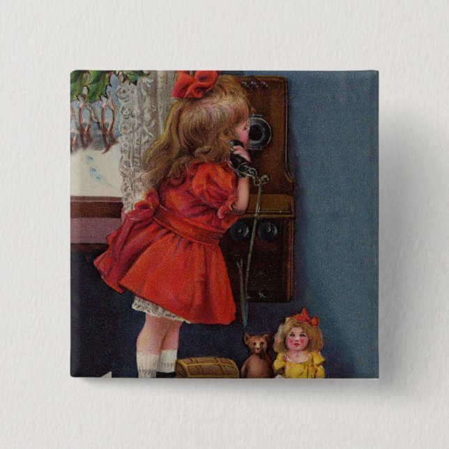 Christmas Little Girl Telephone Antique Button (Front)