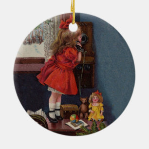 Christmas Little Girl Telephone Antique Ceramic Ornament