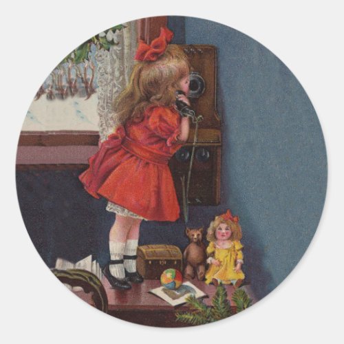 Christmas Little Girl Telephone Antique Classic Round Sticker