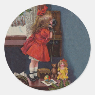 Christmas Little Girl Telephone Antique Classic Round Sticker