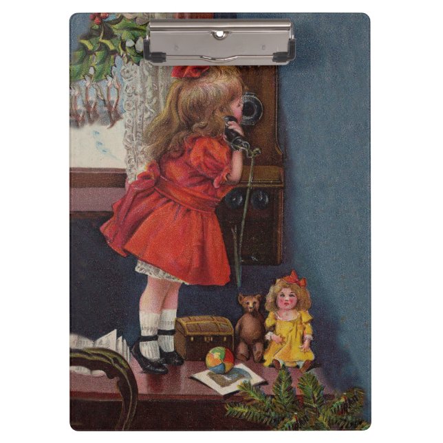 Christmas Little Girl Telephone Antique Clipboard (Front)
