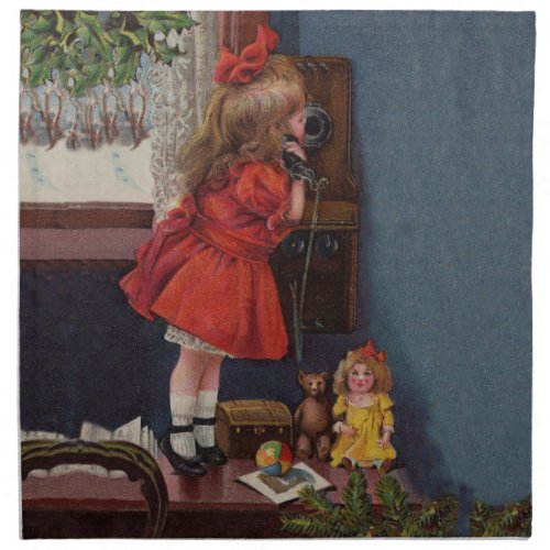 Christmas Little Girl Telephone Antique Cloth Napkin