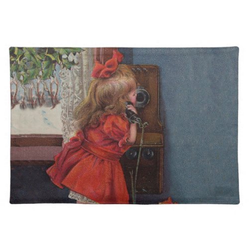 Christmas Little Girl Telephone Antique Cloth Placemat