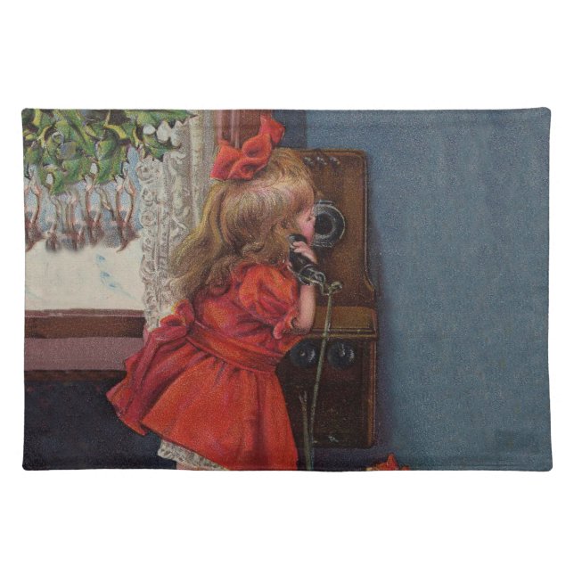 Christmas Little Girl Telephone Antique Cloth Placemat (Front)
