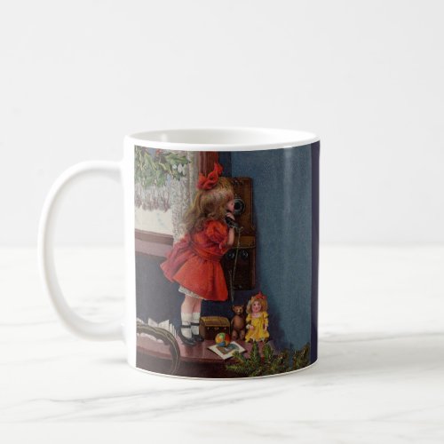 Christmas Little Girl Telephone Antique Coffee Mug