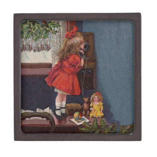 Christmas Little Girl Telephone Antique Gift Box