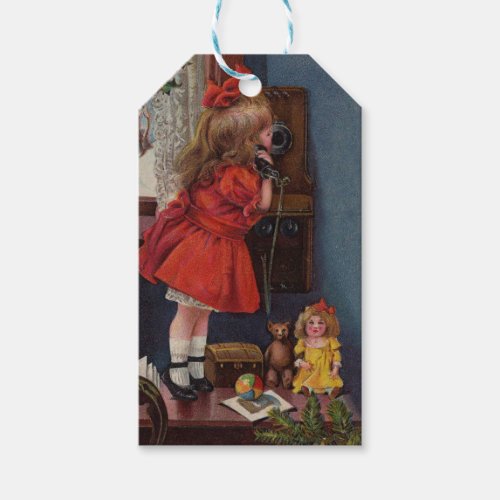 Christmas Little Girl Telephone Antique Gift Tags