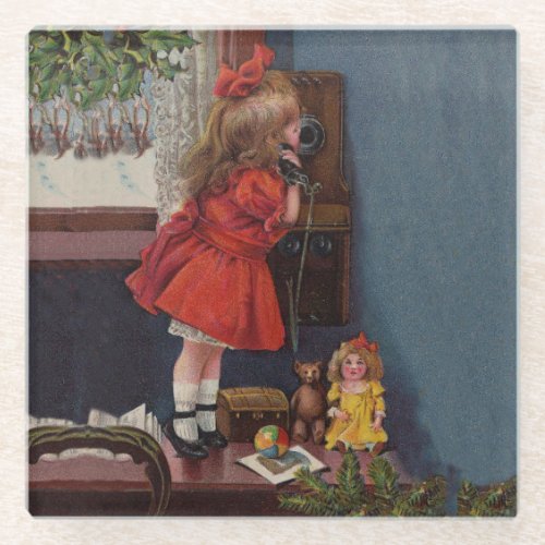 Christmas Little Girl Telephone Antique Glass Coaster