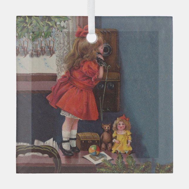 Christmas Little Girl Telephone Antique Glass Ornament (Front)