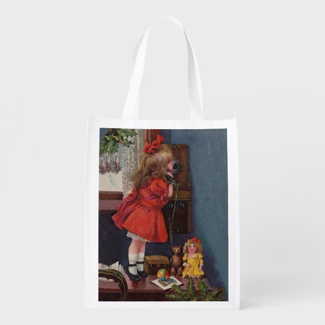 Christmas Little Girl Telephone Antique Grocery Bag (Back)