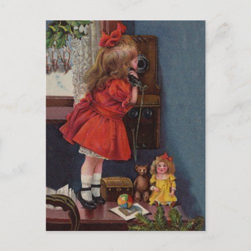Christmas Little Girl Telephone Antique Holiday Postcard