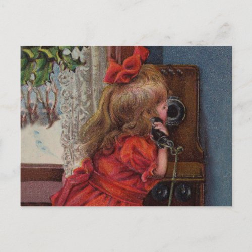 Christmas Little Girl Telephone Antique Holiday Postcard