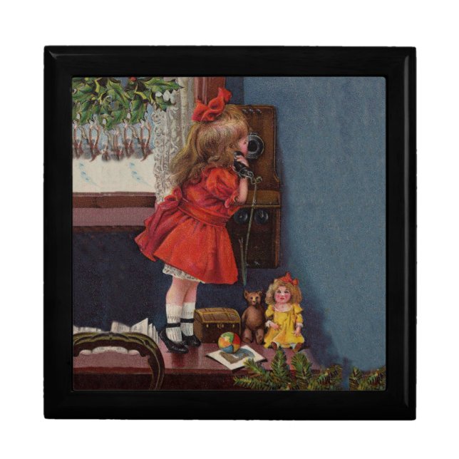 Christmas Little Girl Telephone Antique Jewelry Box (Front)