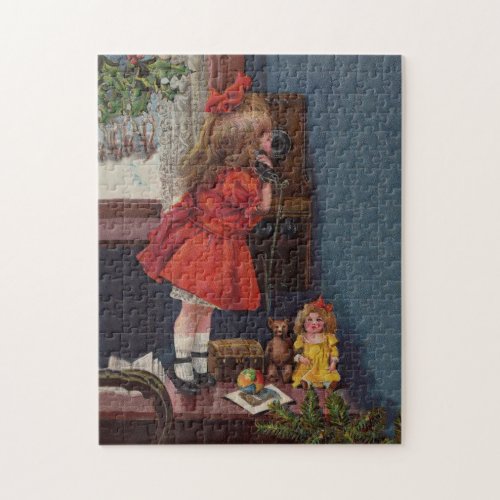 Christmas Little Girl Telephone Antique Jigsaw Puzzle