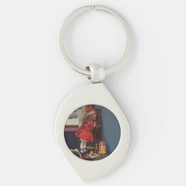 Christmas Little Girl Telephone Antique Keychain (Front)