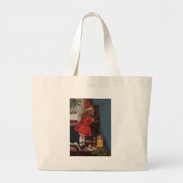 Christmas Little Girl Telephone Antique Large Tote Bag (Front)