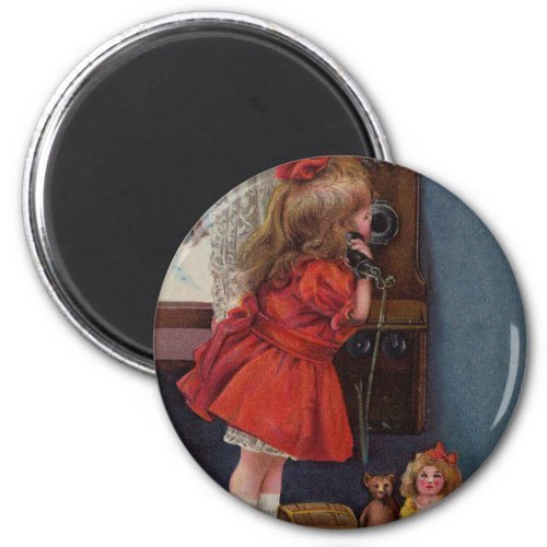 Christmas Little Girl Telephone Antique Magnet