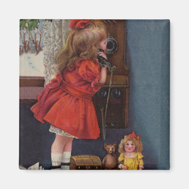 Christmas Little Girl Telephone Antique Magnet (Front)