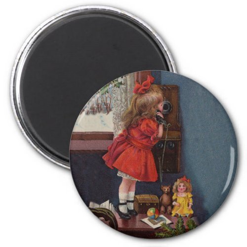 Christmas Little Girl Telephone Antique Magnet