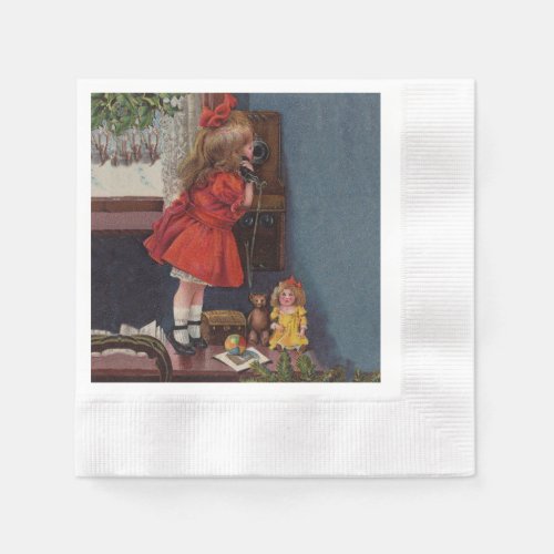 Christmas Little Girl Telephone Antique Napkins