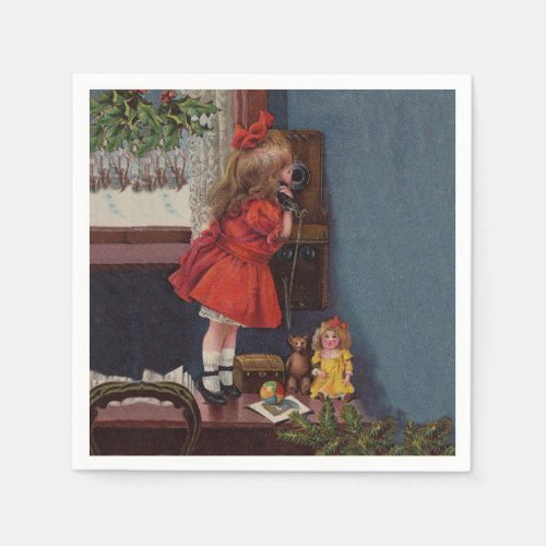 Christmas Little Girl Telephone Antique Napkins