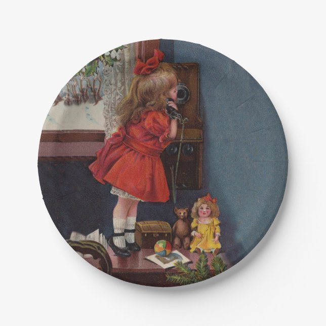 Christmas Little Girl Telephone Antique Paper Plates (Front)