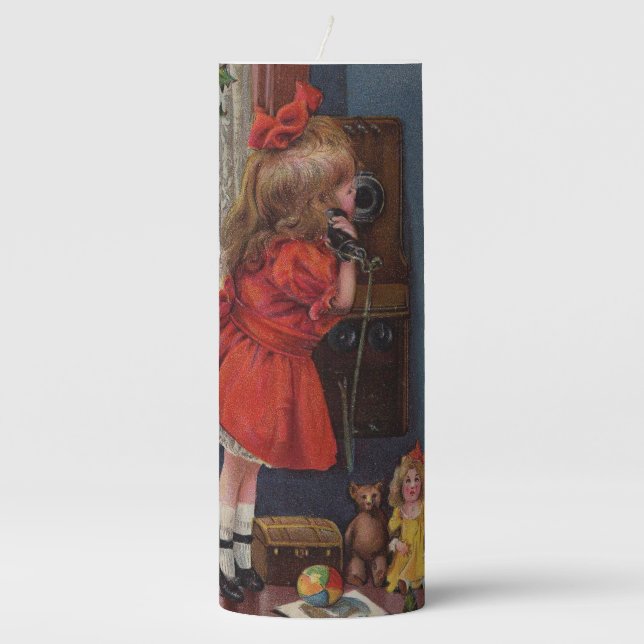 Christmas Little Girl Telephone Antique Pillar Candle (Front)