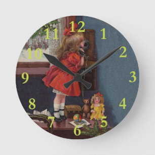 Christmas Little Girl Telephone Antique Round Clock