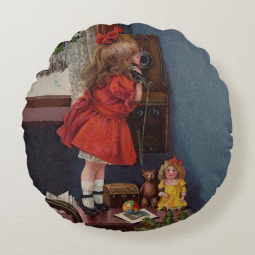 Christmas Little Girl Telephone Antique Round Pillow