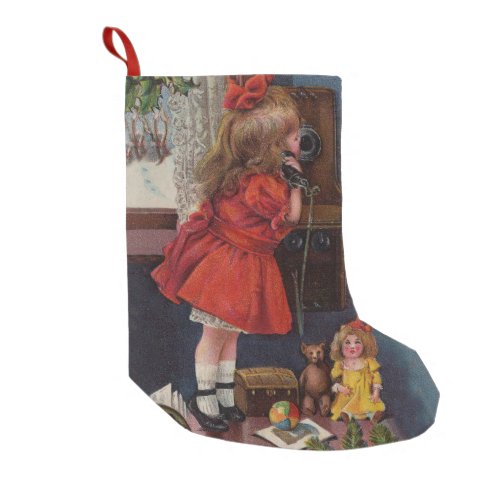 Christmas Little Girl Telephone Antique Small Christmas Stocking