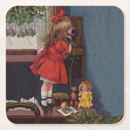 Christmas Little Girl Telephone Antique Square Paper Coaster