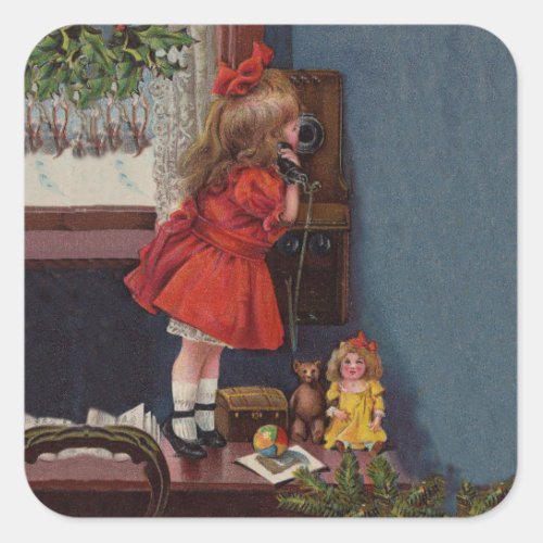 Christmas Little Girl Telephone Antique Square Sticker