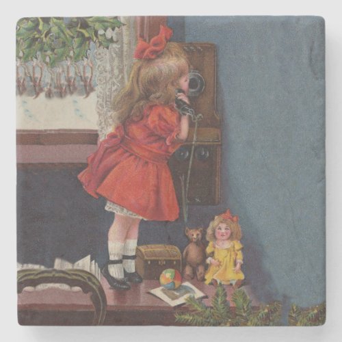 Christmas Little Girl Telephone Antique Stone Coaster