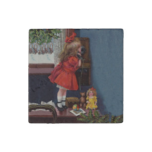 Christmas Little Girl Telephone Antique Stone Magnet