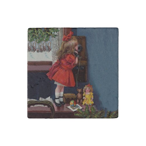 Christmas Little Girl Telephone Antique Stone Magnet