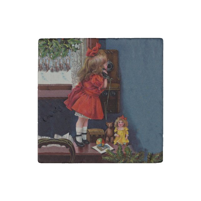 Christmas Little Girl Telephone Antique Stone Magnet (First Magnet)